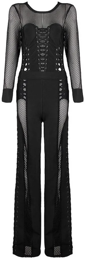 Black Bustier Lace-up Stretch Mesh Jumpsuit