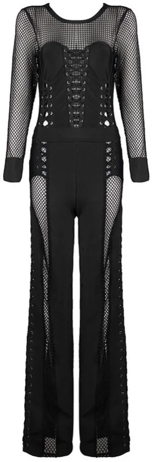 Black Bustier Lace-up Stretch Mesh Jumpsuit