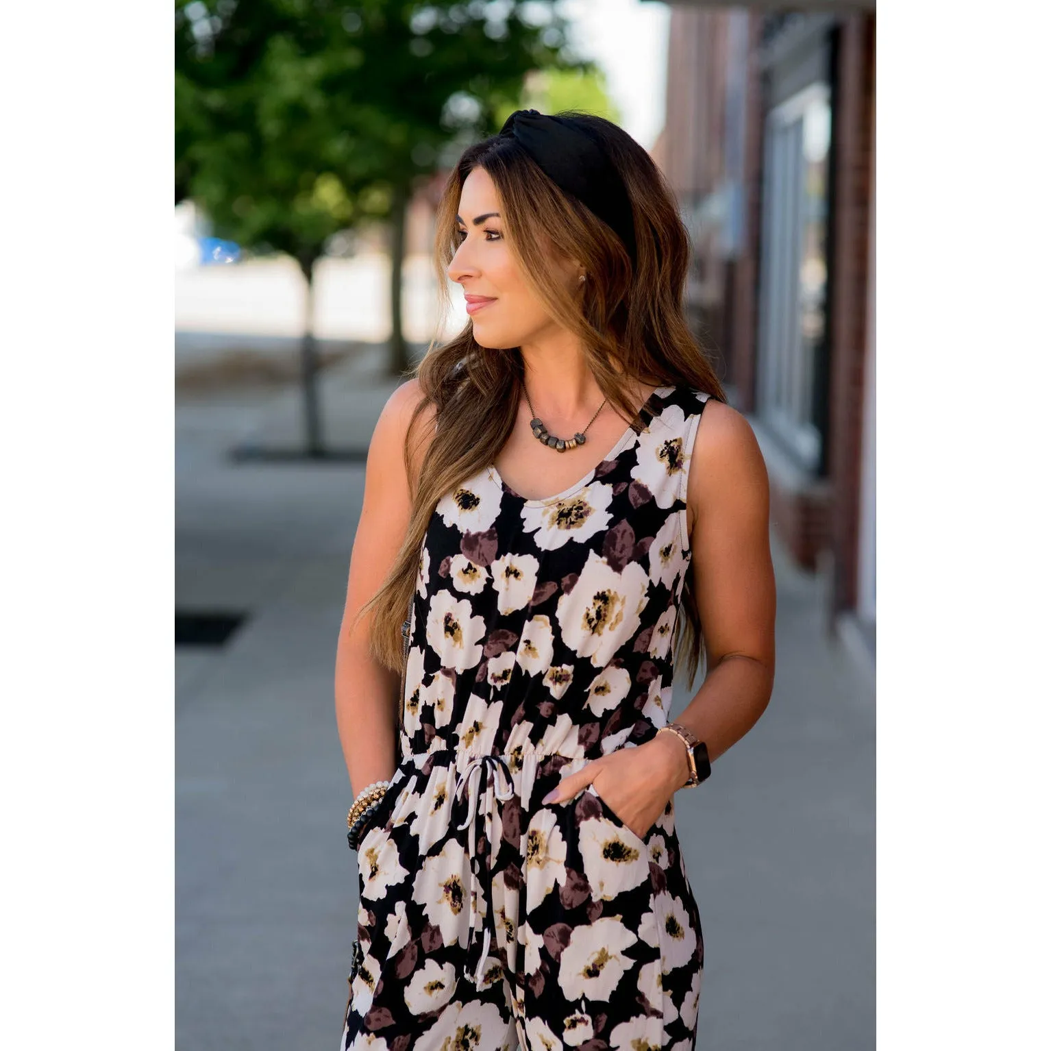 Black Floral Sleeveless Jumpsuit