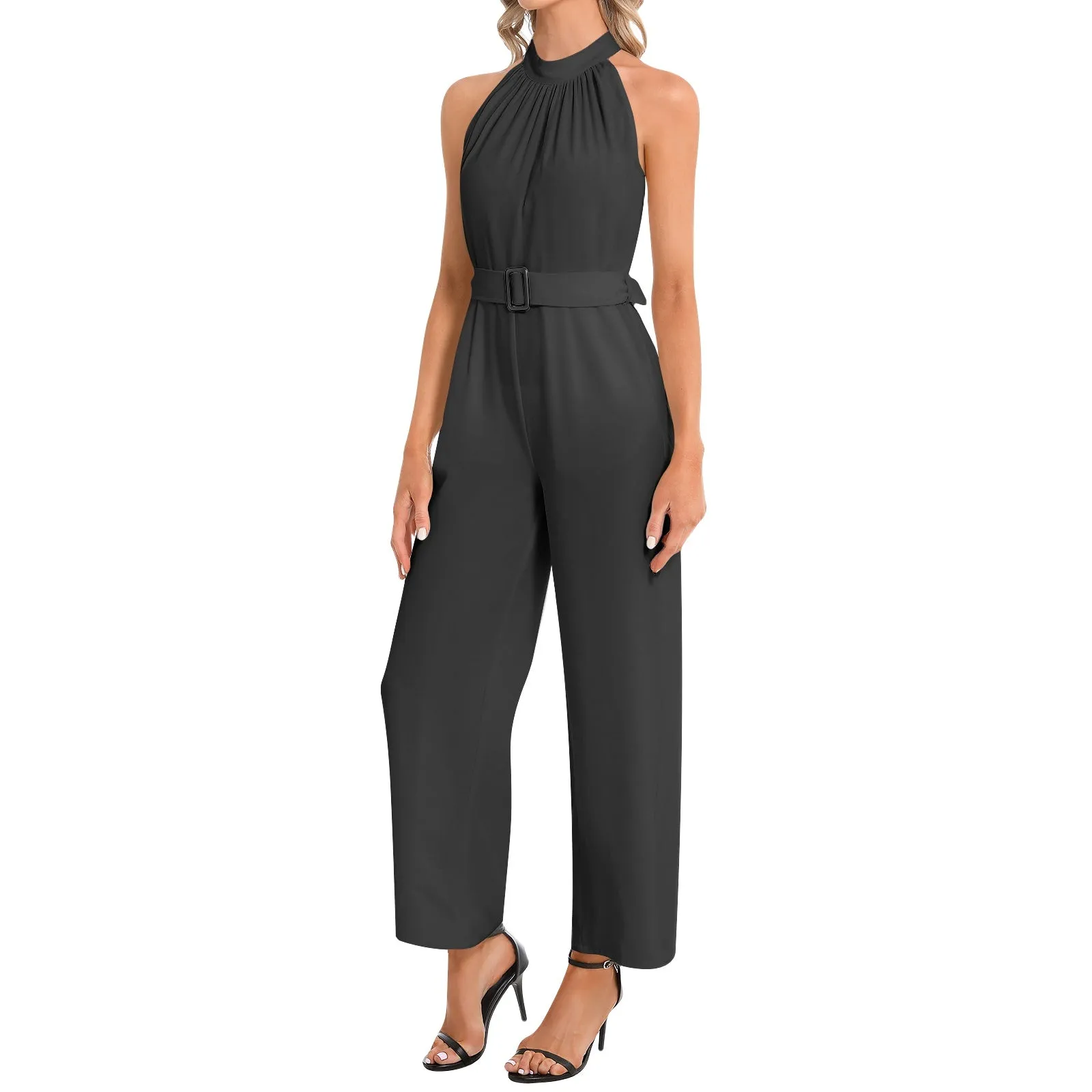 Black Halter Neck Buckle Belted Jumpsuit