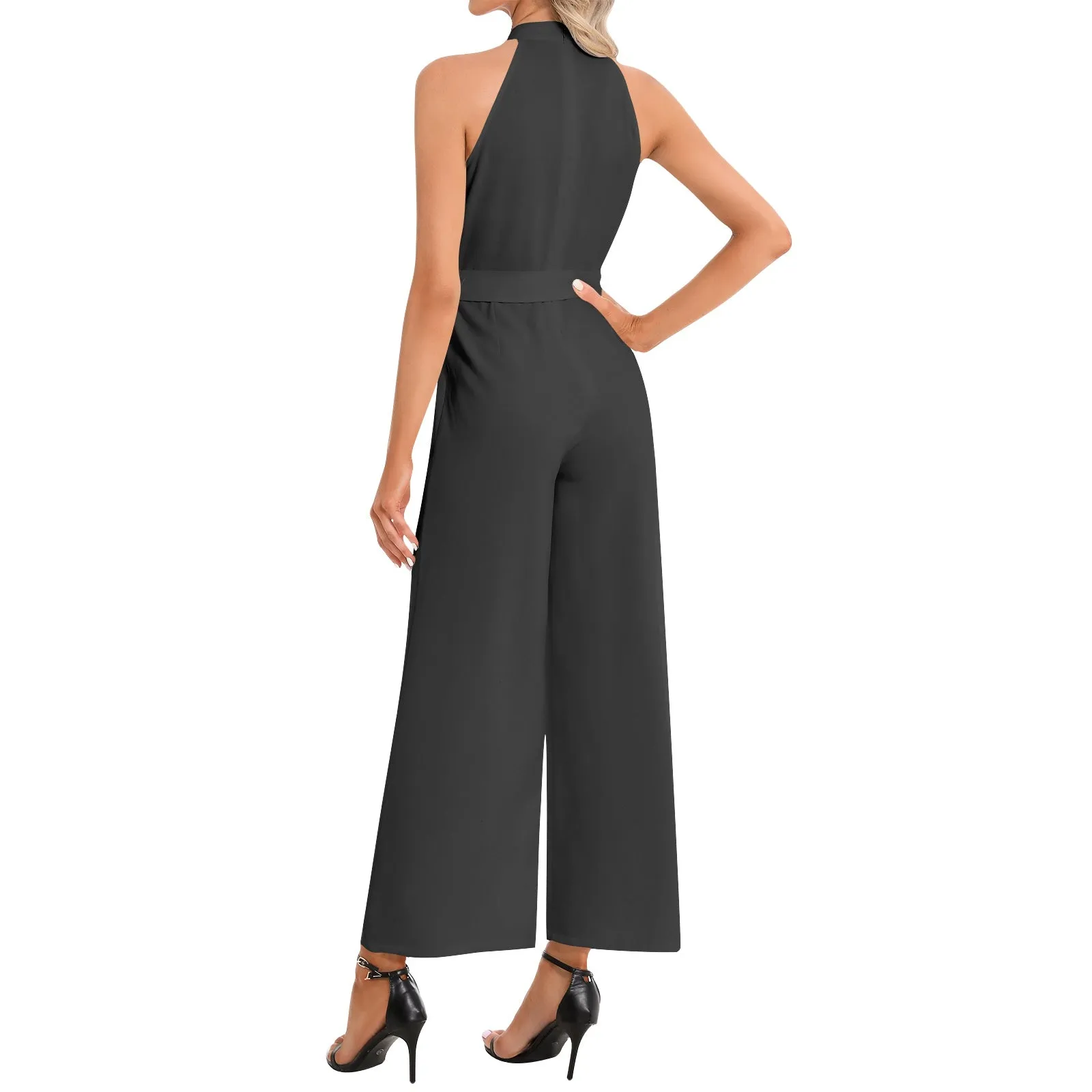 Black Halter Neck Buckle Belted Jumpsuit