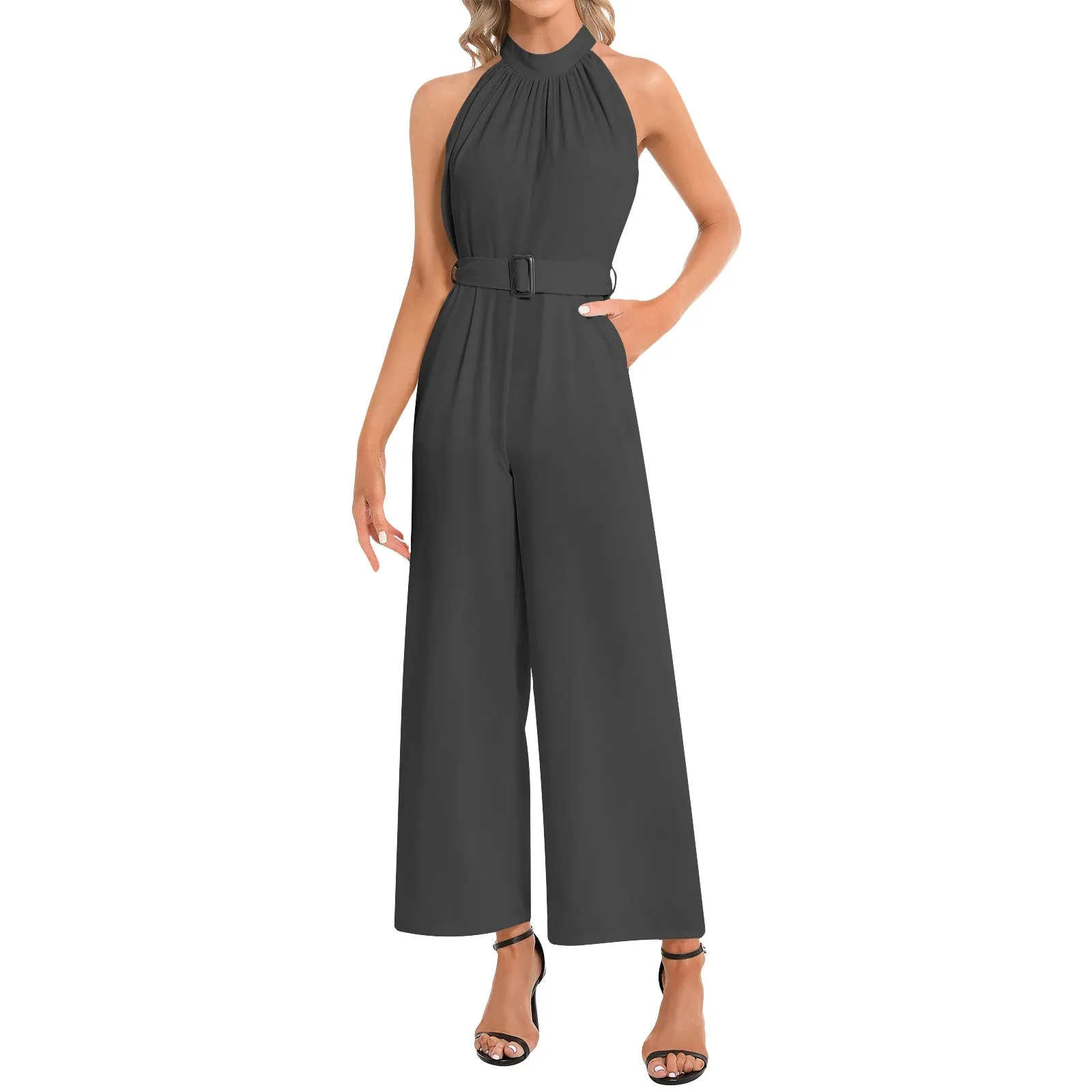 Black Halter Neck Buckle Belted Jumpsuit