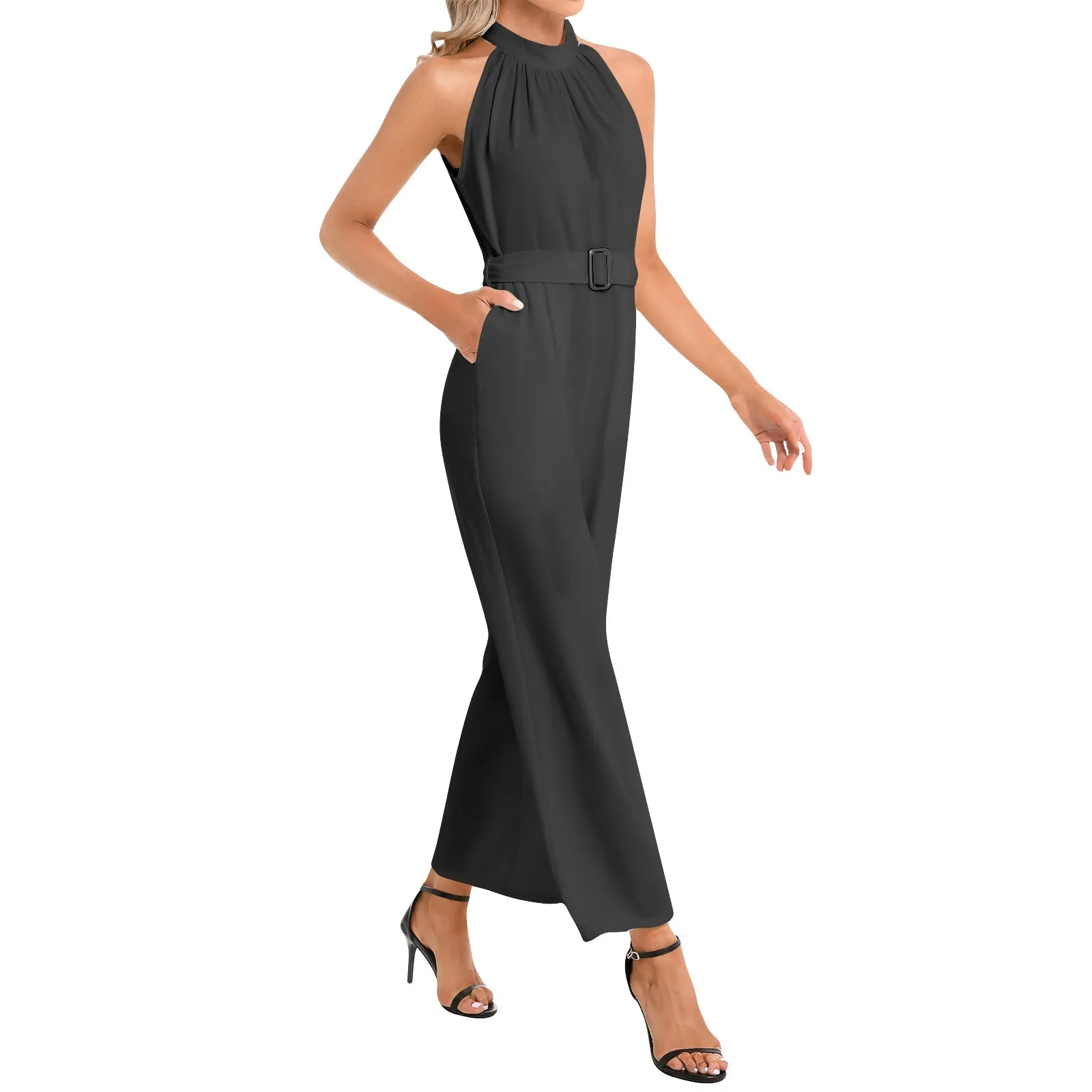 Black Halter Neck Buckle Belted Jumpsuit