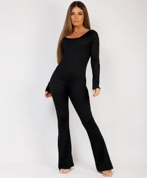 Black Long Sleeve Open Back Ruched Jumpsuit