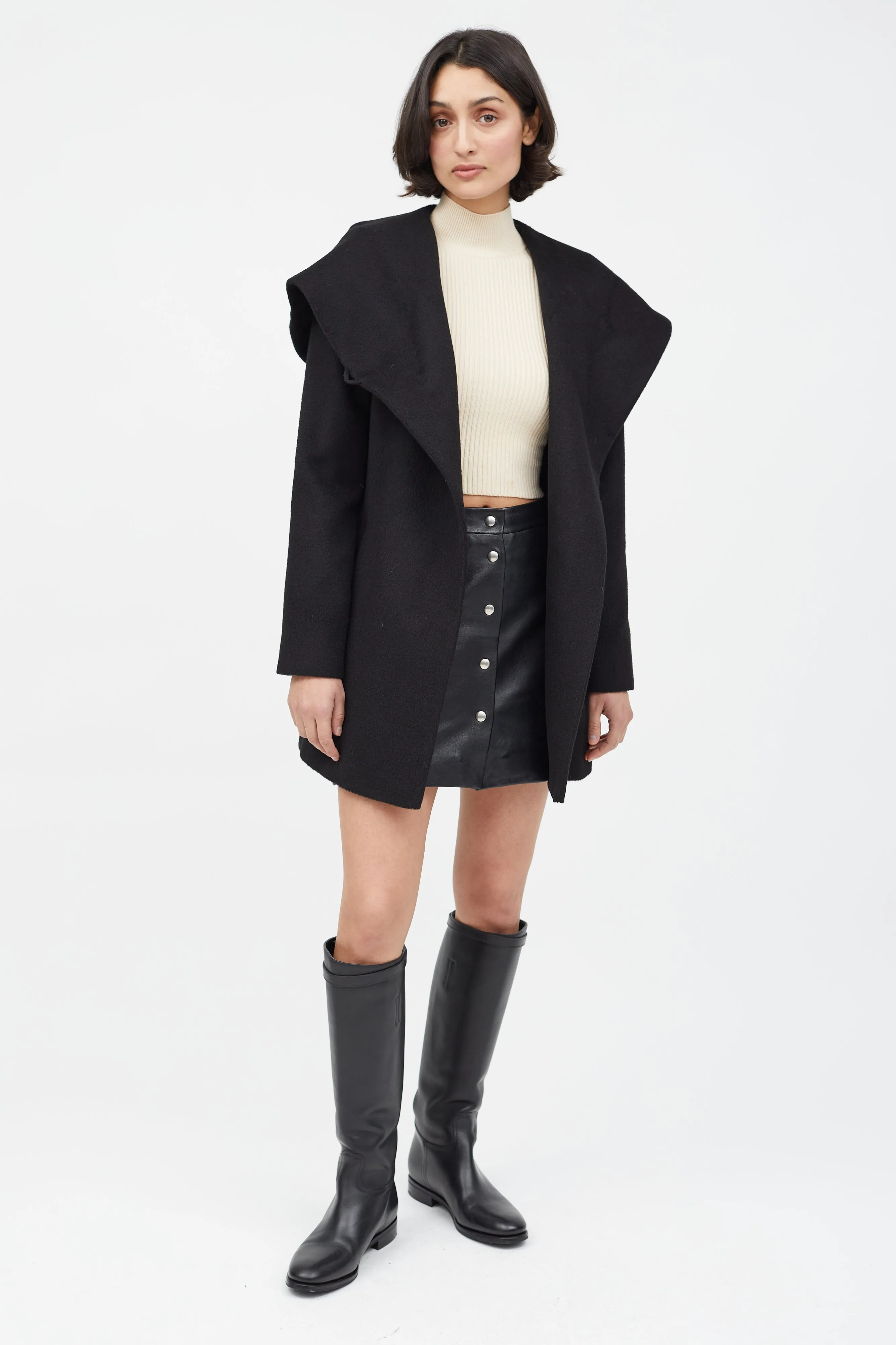 Black Merino Wool Hooded Belted Coat