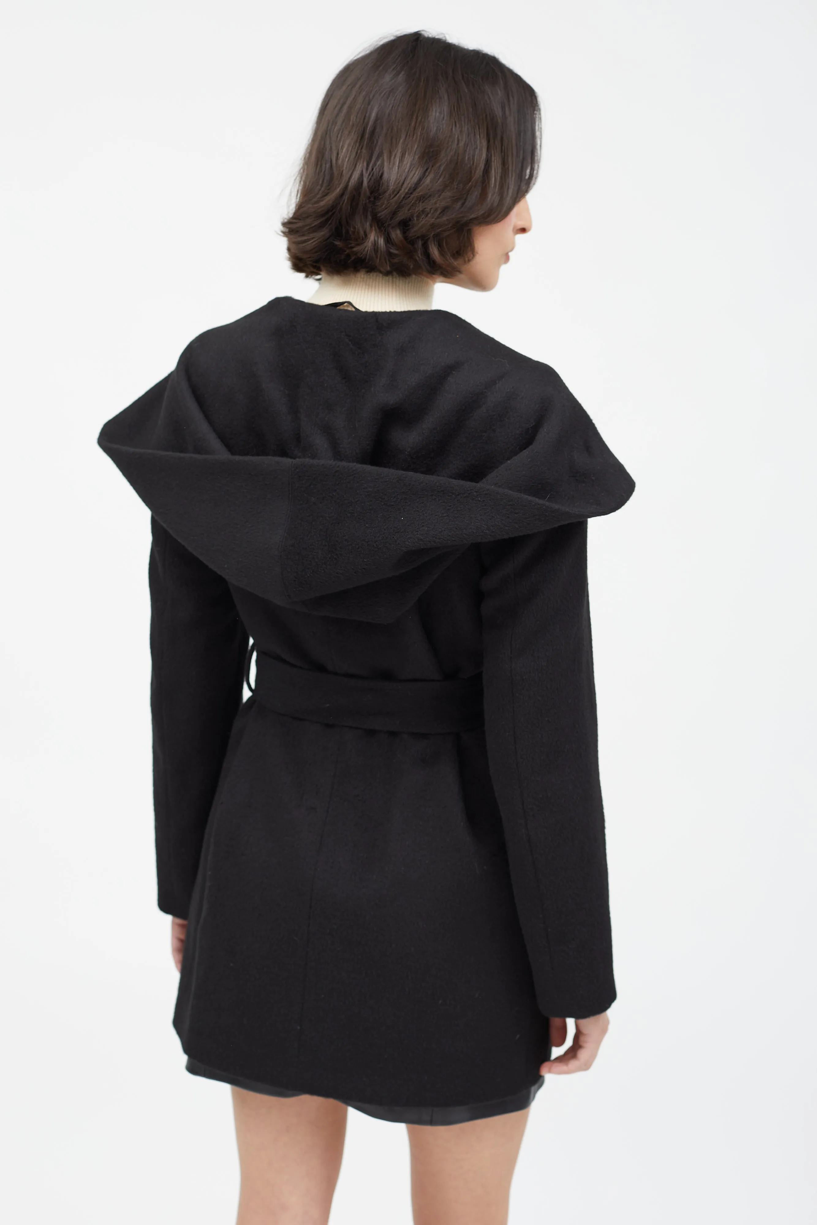 Black Merino Wool Hooded Belted Coat