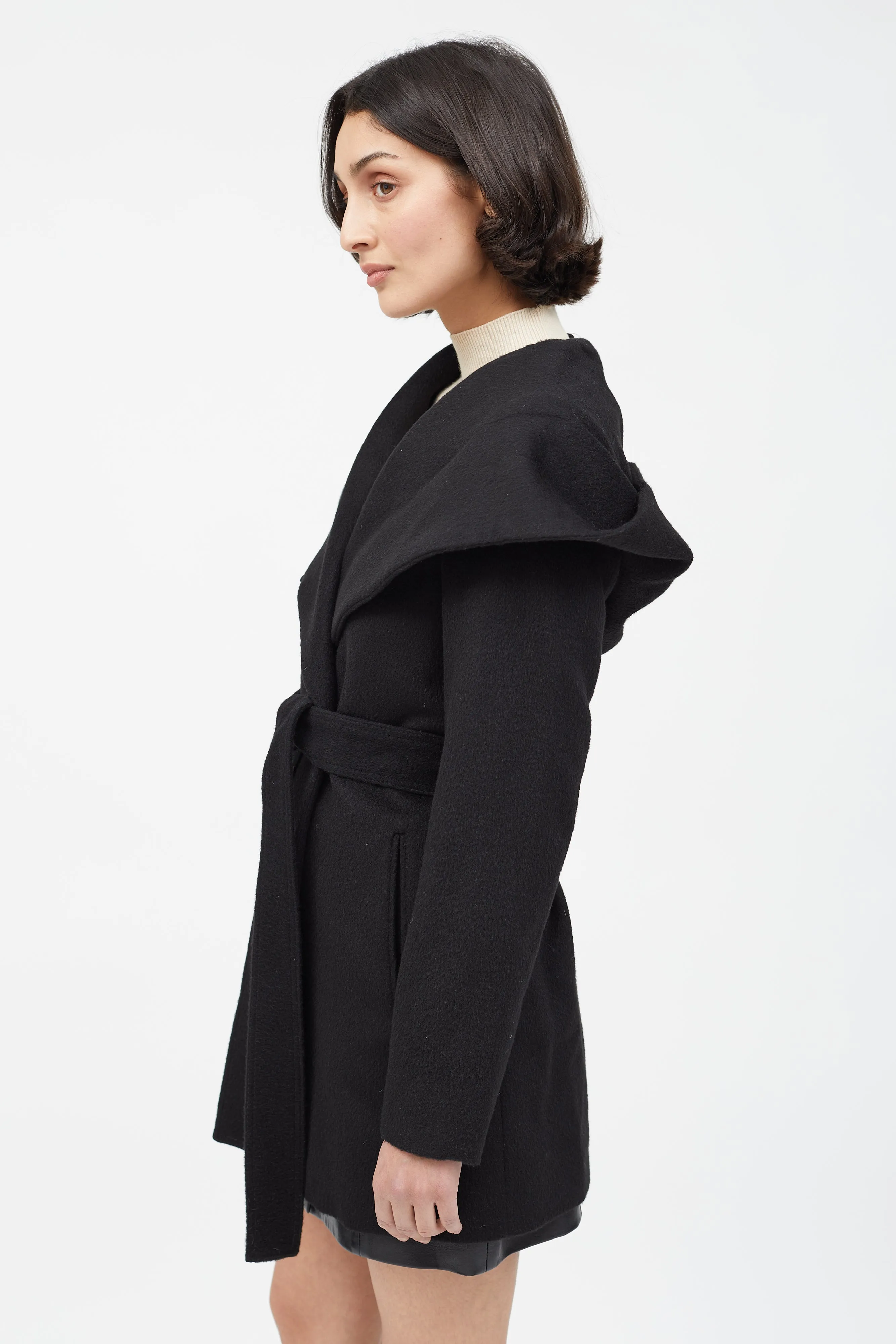 Black Merino Wool Hooded Belted Coat