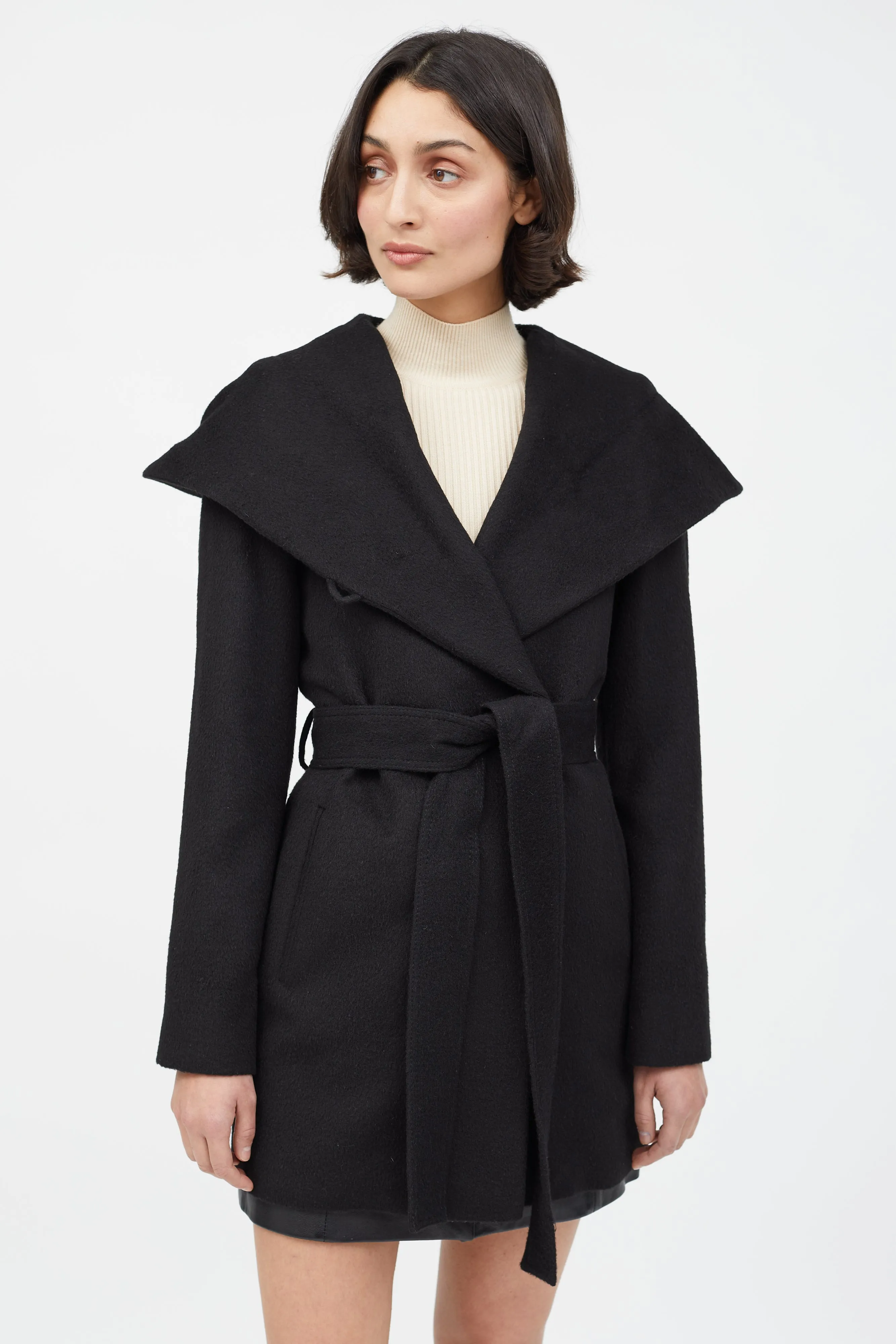 Black Merino Wool Hooded Belted Coat