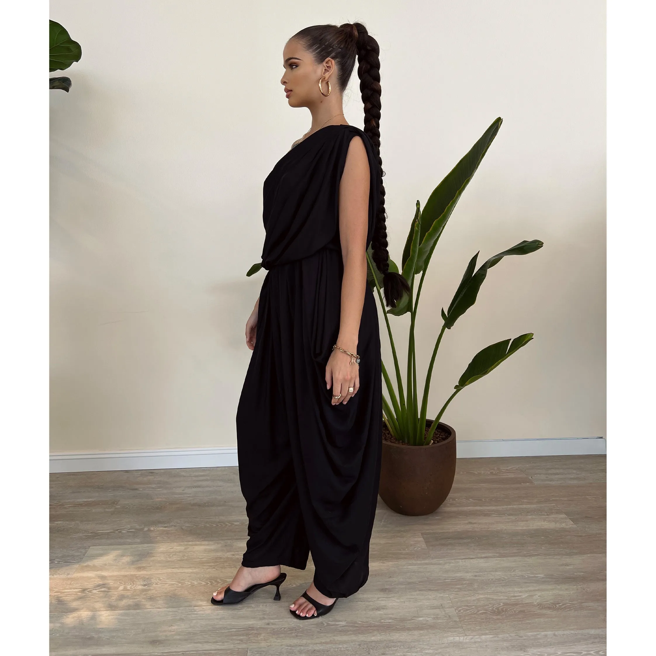 Black Modal One Shoulder Draped Jumpsuit