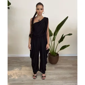 Black Modal One Shoulder Draped Jumpsuit