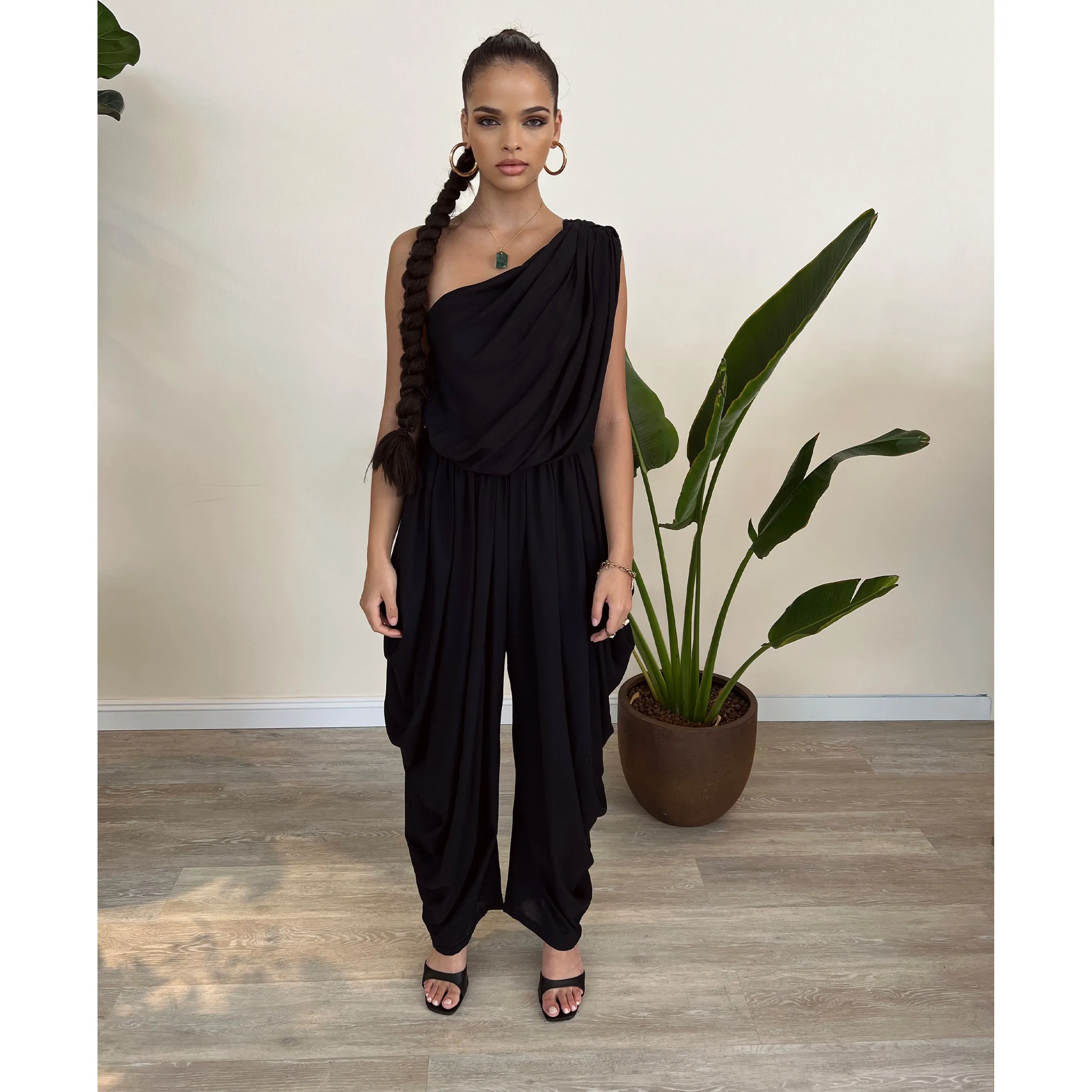 Black Modal One Shoulder Draped Jumpsuit