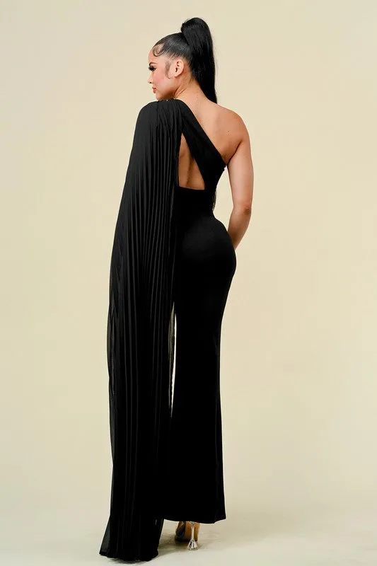 Black One Shoulder Cut Out With Pleats Layer Jumpsuit