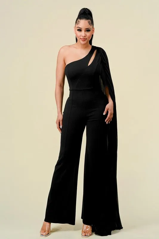 Black One Shoulder Cut Out With Pleats Layer Jumpsuit