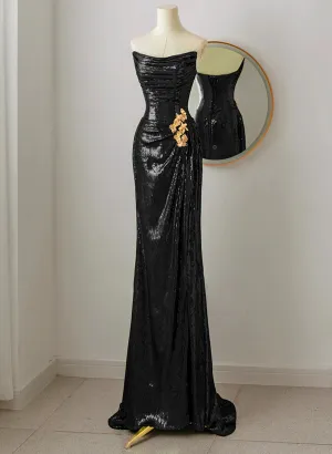 Black Scoop Sequins Floor Length Prom Dress, Black Sequins Evening Dress