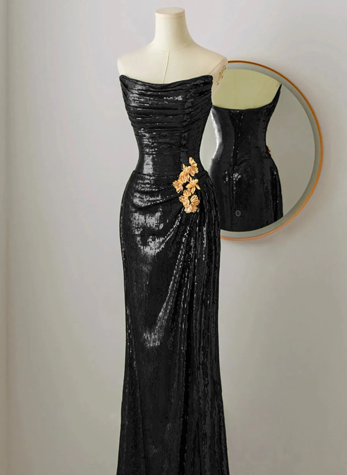 Black Scoop Sequins Floor Length Prom Dress, Black Sequins Evening Dress