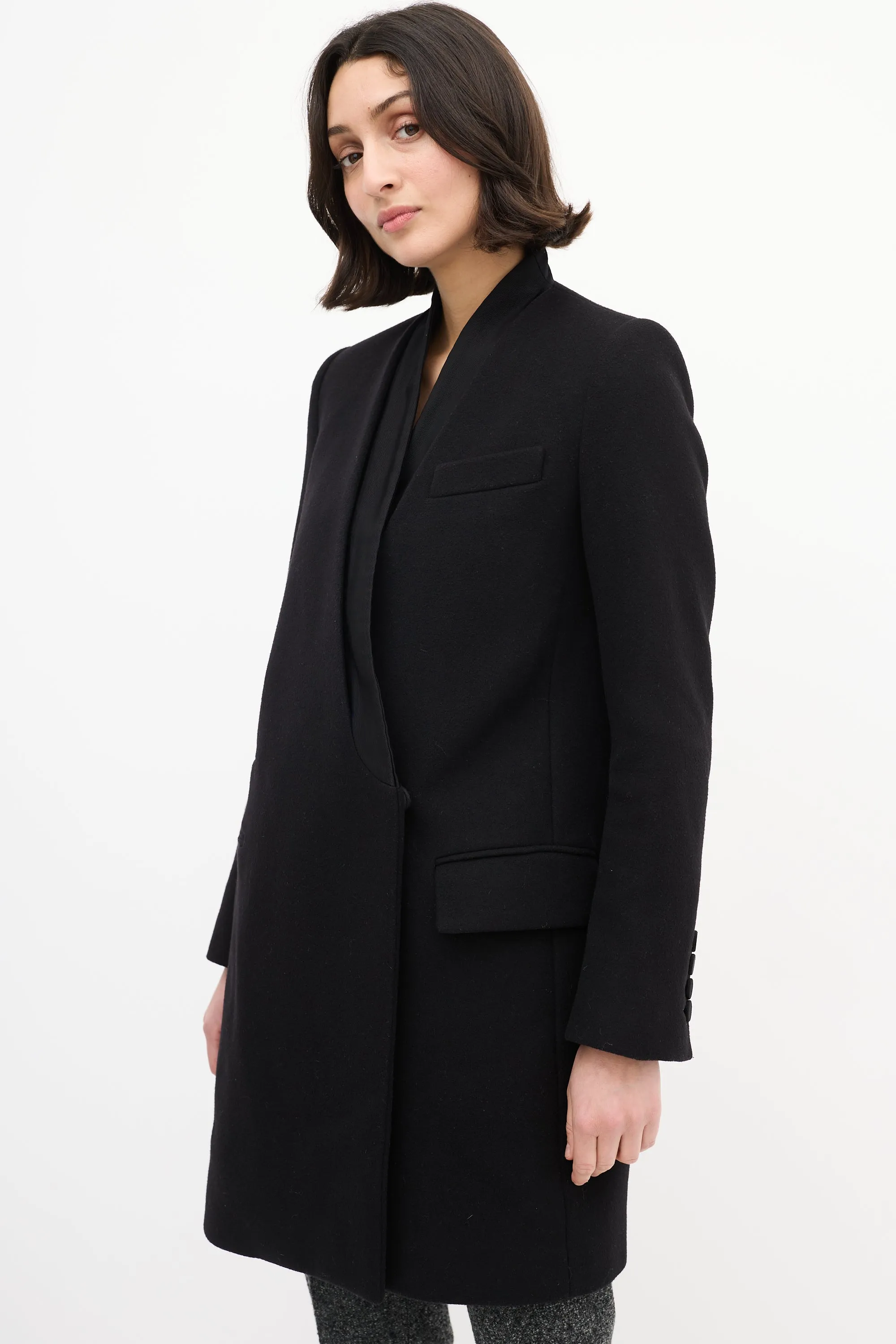 Black Wool Tuxedo Mid Length Coat