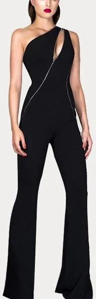 Black Zip Stretch Flared-Leg Jumspuit