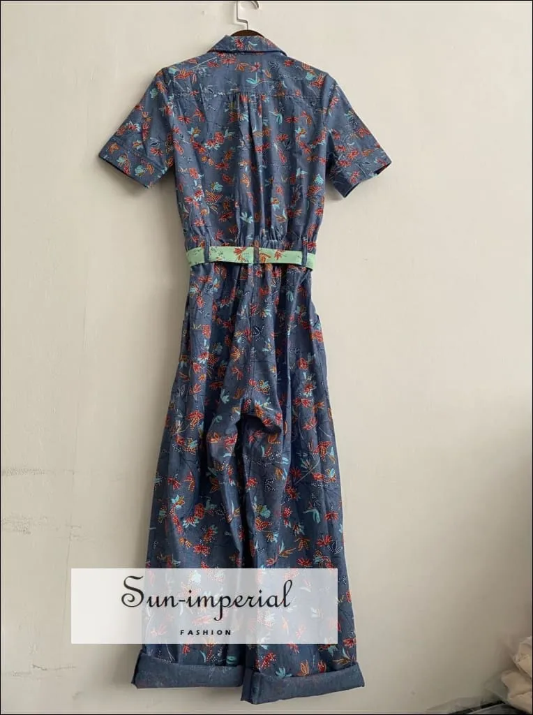 Blue Floral Print Women Jumpsuit Short Sleeve Turn-down Collar Tie Waist Women Jumpsuit