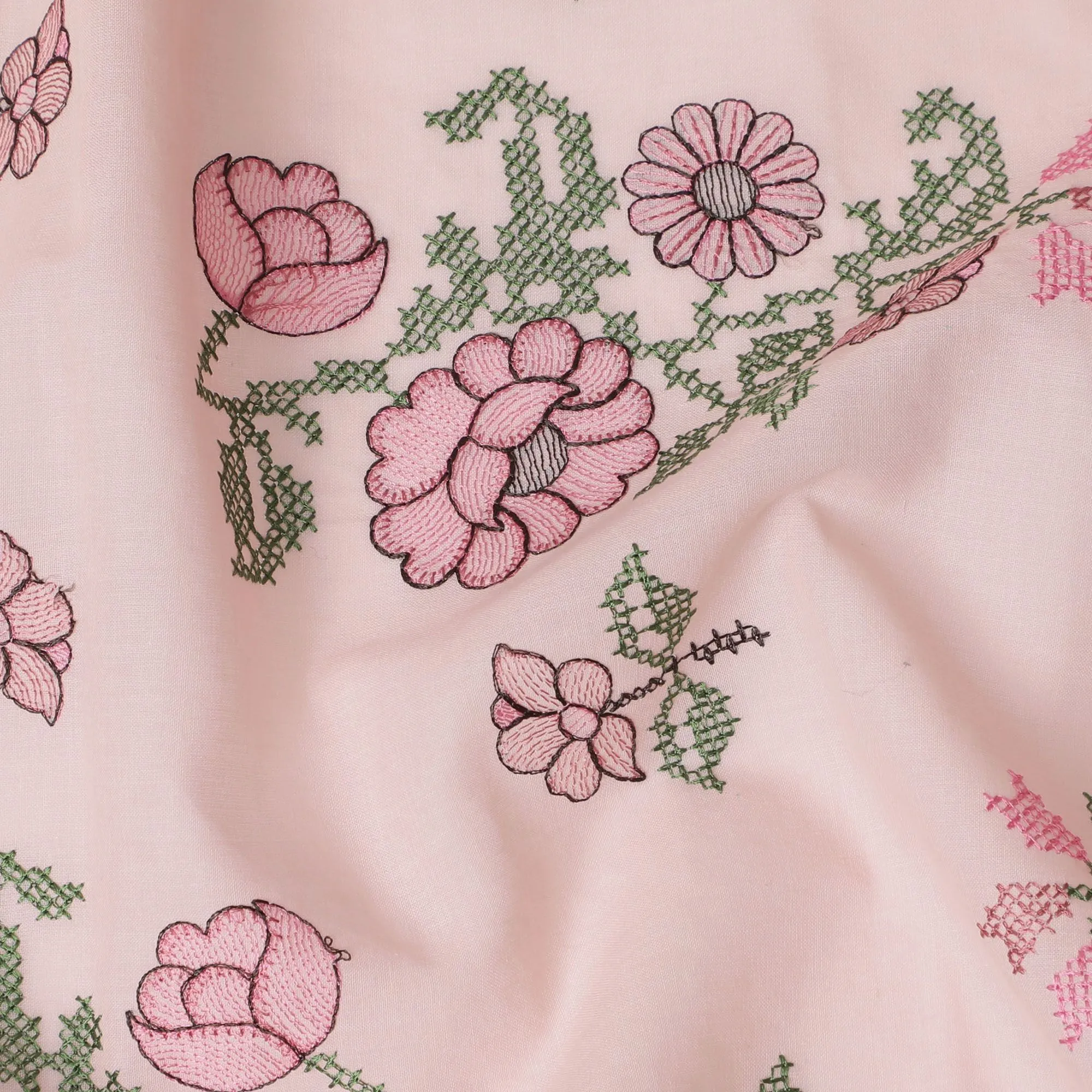 Blush Blossom Embroidered Cotton Lawn Fabric - Pastel Pink with Green Detail, 110cm Width-D18751