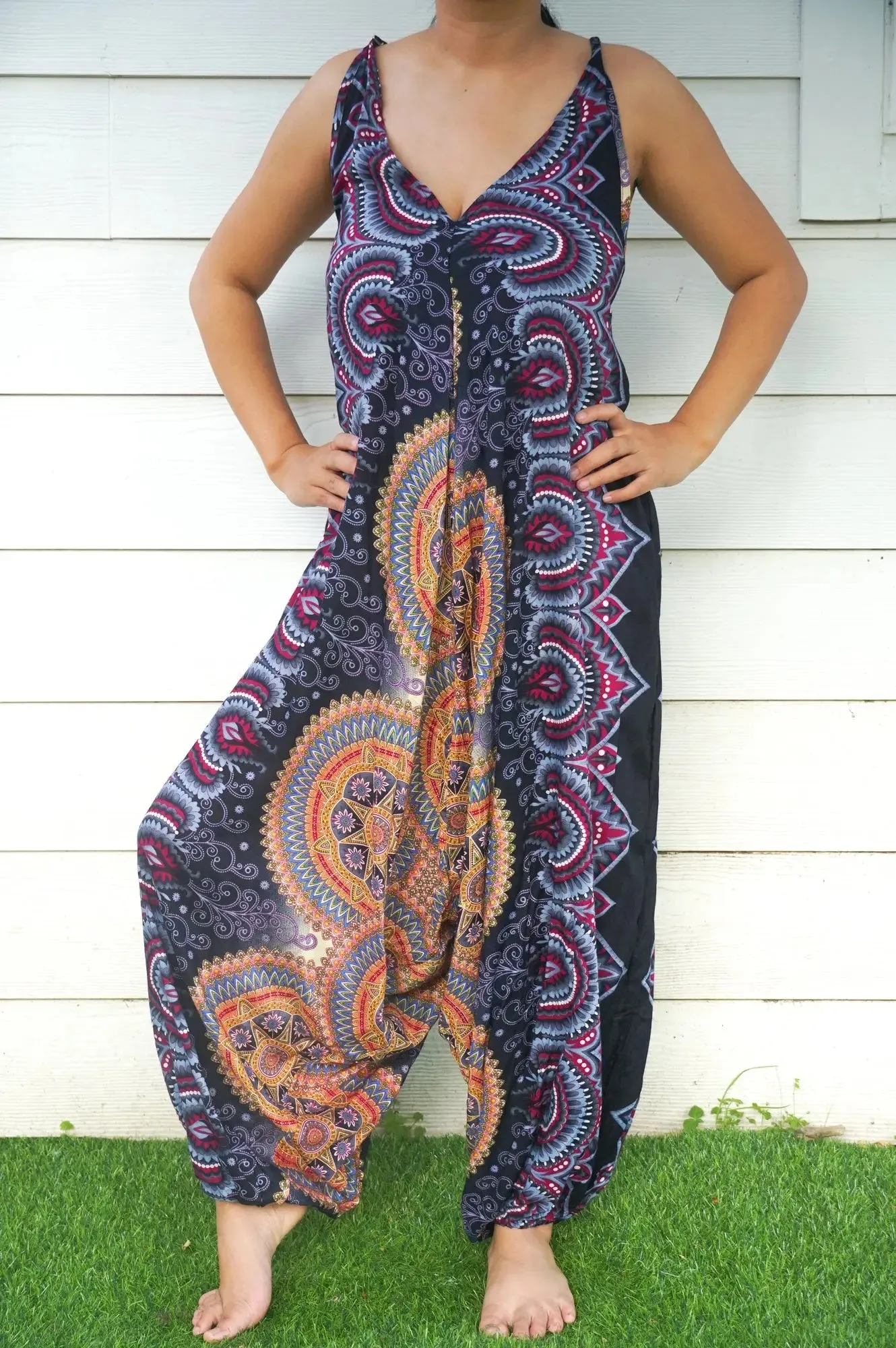 Boho Chic Black Mandala Festival-Ready Wide-Leg Jumpsuit