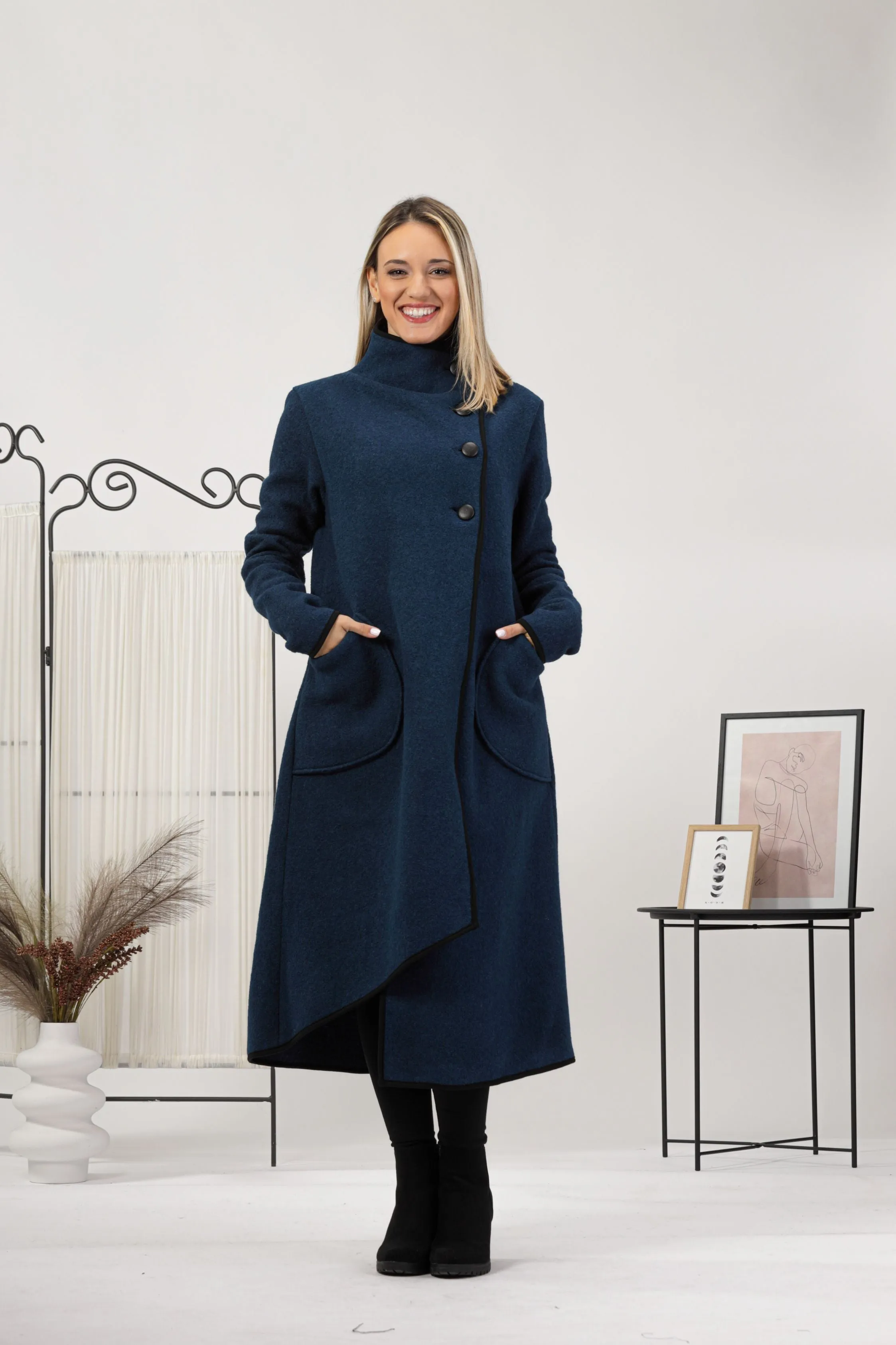 Boiled Wool Coat with Pockets