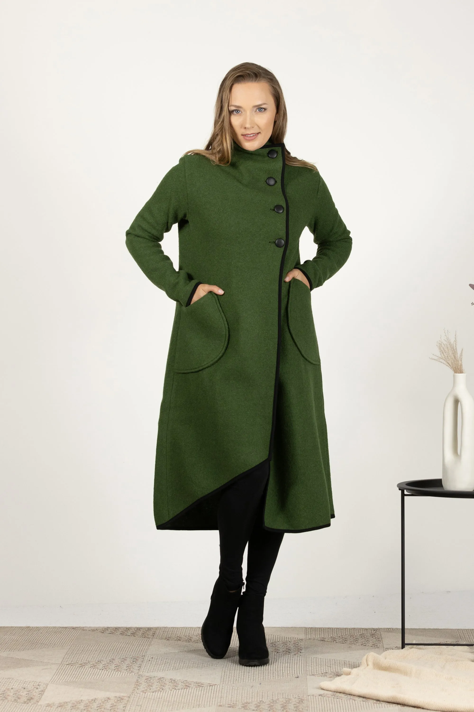 Boiled Wool Coat with Pockets