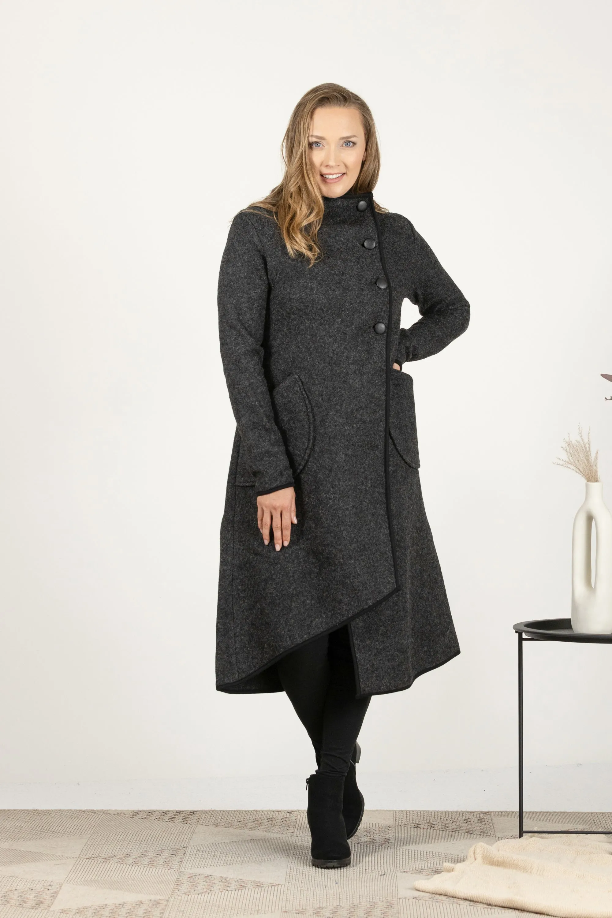 Boiled Wool Coat with Pockets