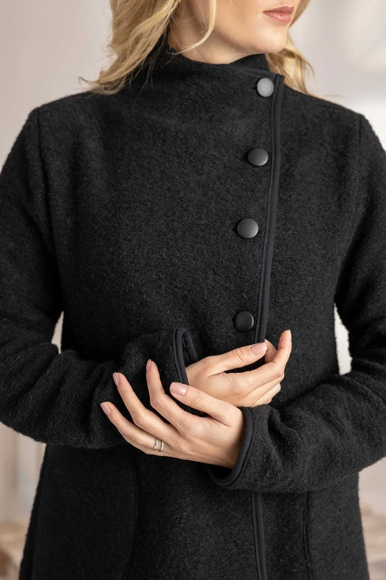 Boiled Wool Coat with Pockets