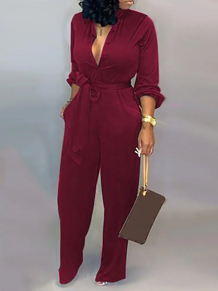 Button Belted Wide Leg Jumpsuit