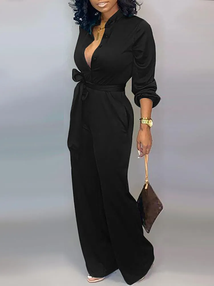 Button Belted Wide Leg Jumpsuit