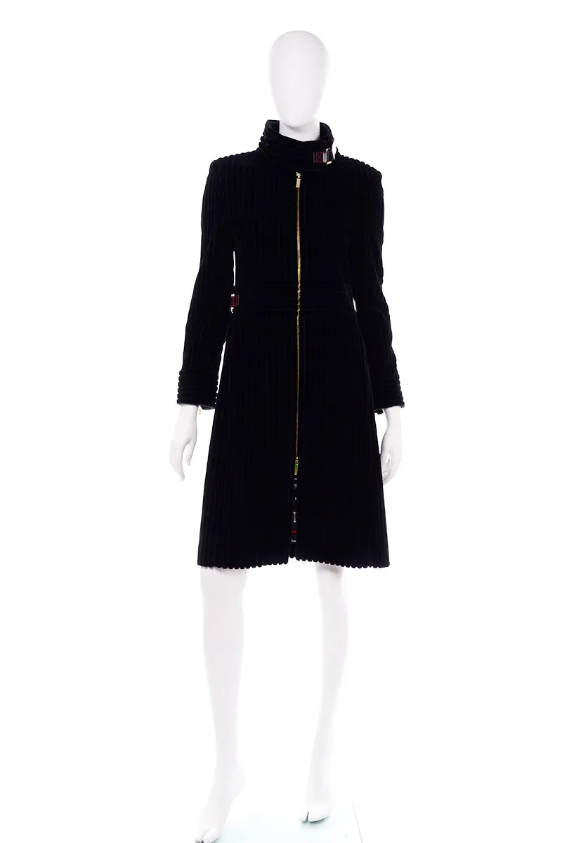 Carolina Herrera Black Ribbed Velvet Zip Front Coat w Buckles