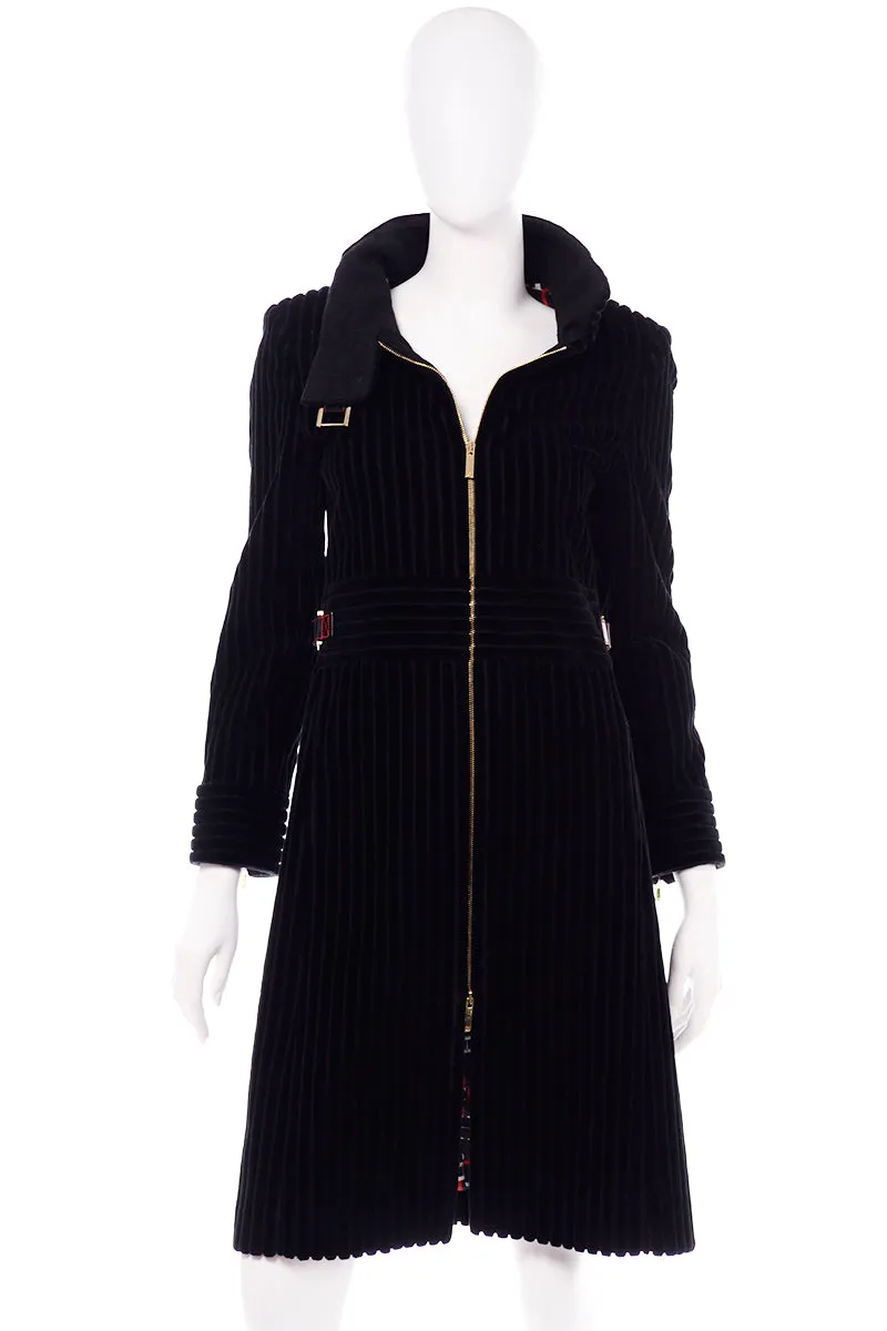 Carolina Herrera Black Ribbed Velvet Zip Front Coat w Buckles