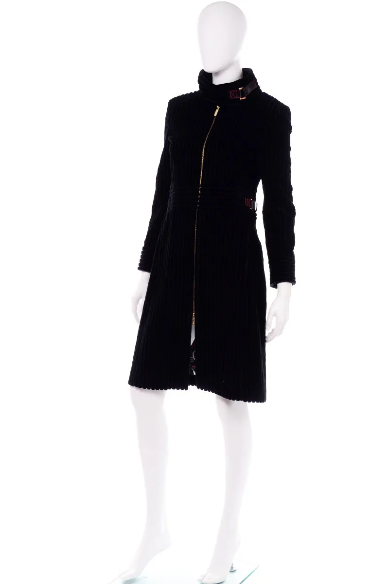 Carolina Herrera Black Ribbed Velvet Zip Front Coat w Buckles