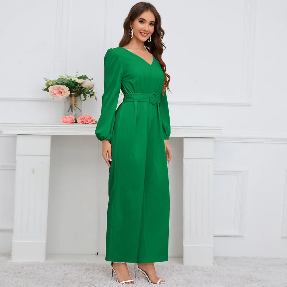 Casual Solid Color V-neck Long Sleeve Slim-fit Jumpsuit