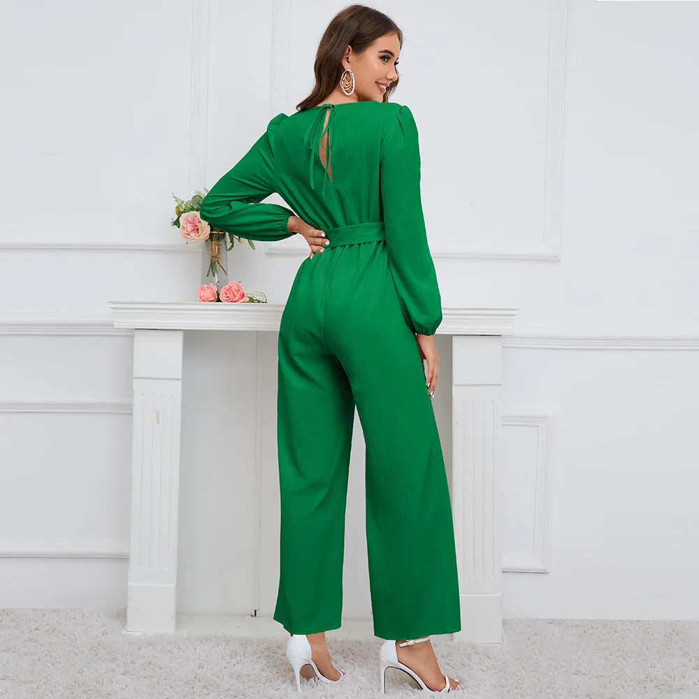 Casual Solid Color V-neck Long Sleeve Slim-fit Jumpsuit