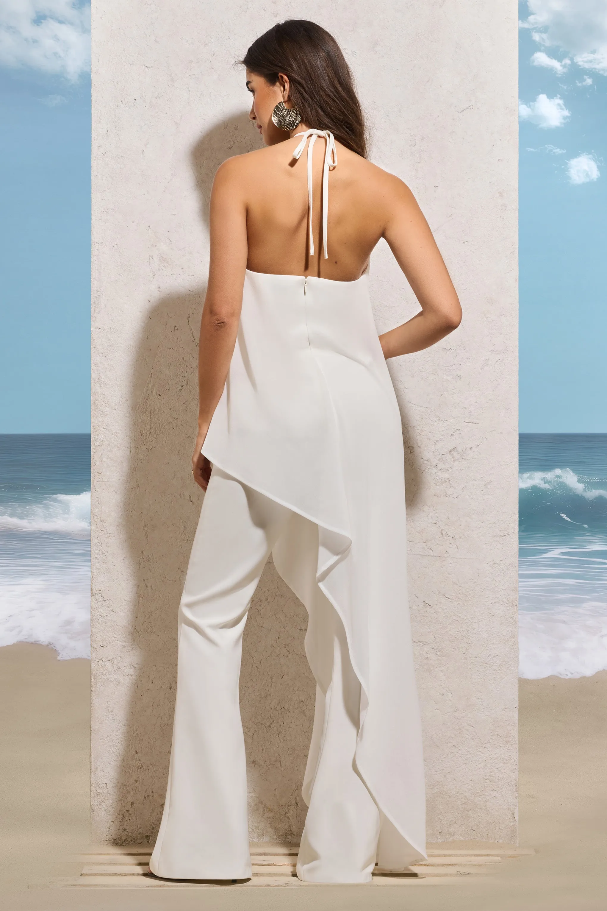 Catania | White Flared-Leg Jumpsuit With Chiffon Cape