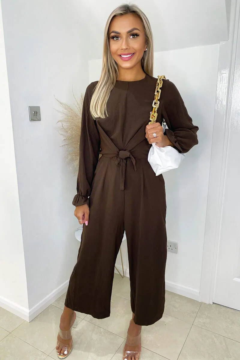 Chocolate Tie Front Long Sleeve Jumpsuit