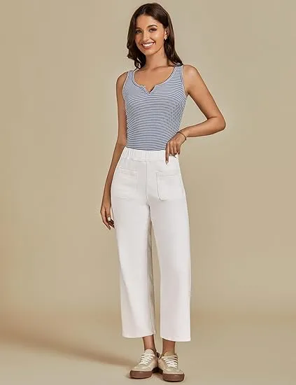 Cream White Women's Cropped Denim High Waisted Jeans Stretch Wide Leg