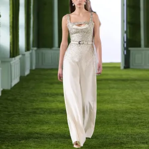 Crepe Jumpsuit with Twisted Beaded Collar