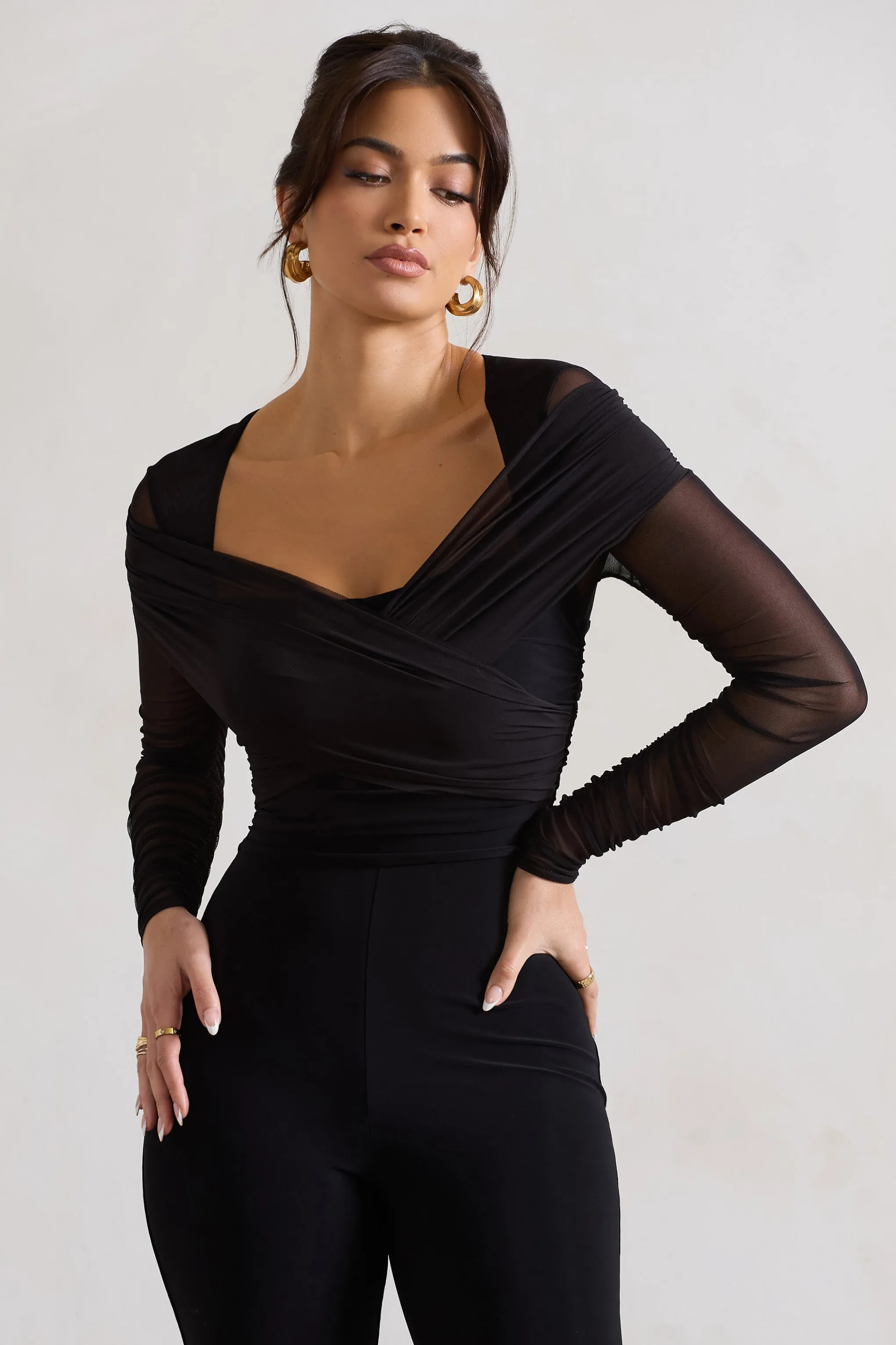 Crossed Lines | Black Ruched Mesh Flared-Leg Jumpsuit