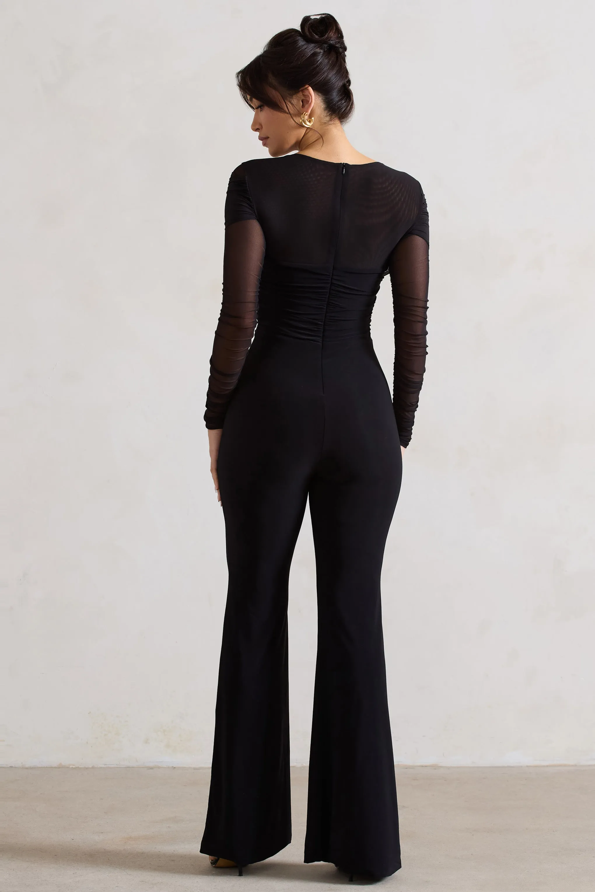 Crossed Lines | Black Ruched Mesh Flared-Leg Jumpsuit