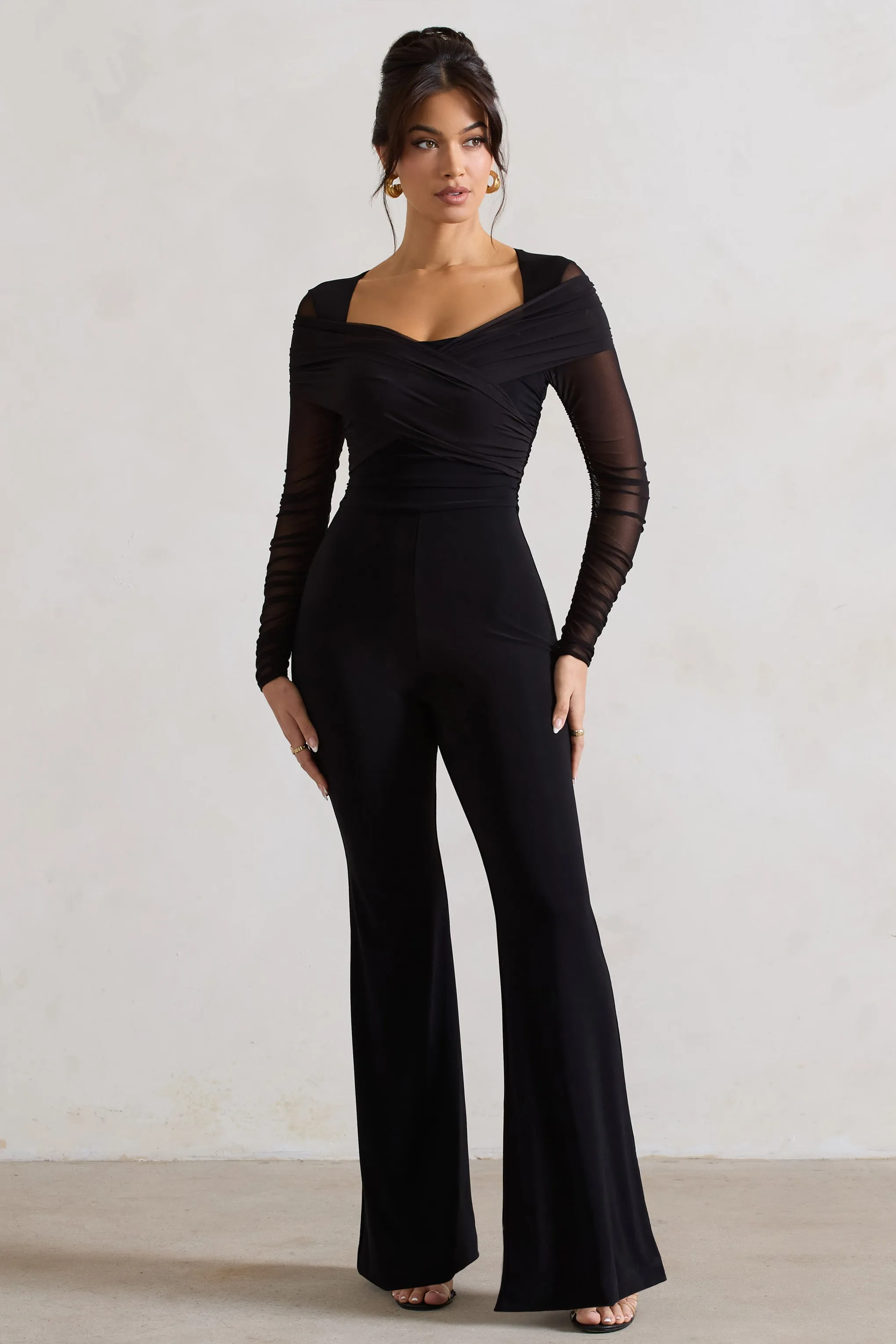 Crossed Lines | Black Ruched Mesh Flared-Leg Jumpsuit