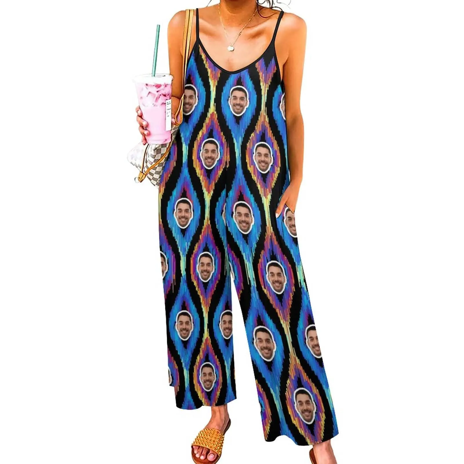 Custom Face Colorful Curve Women's Summer Casual Spaghetti Strap V Neck Oversized Wide Leg Jumpsuit Pockets Beach Travel Outfits