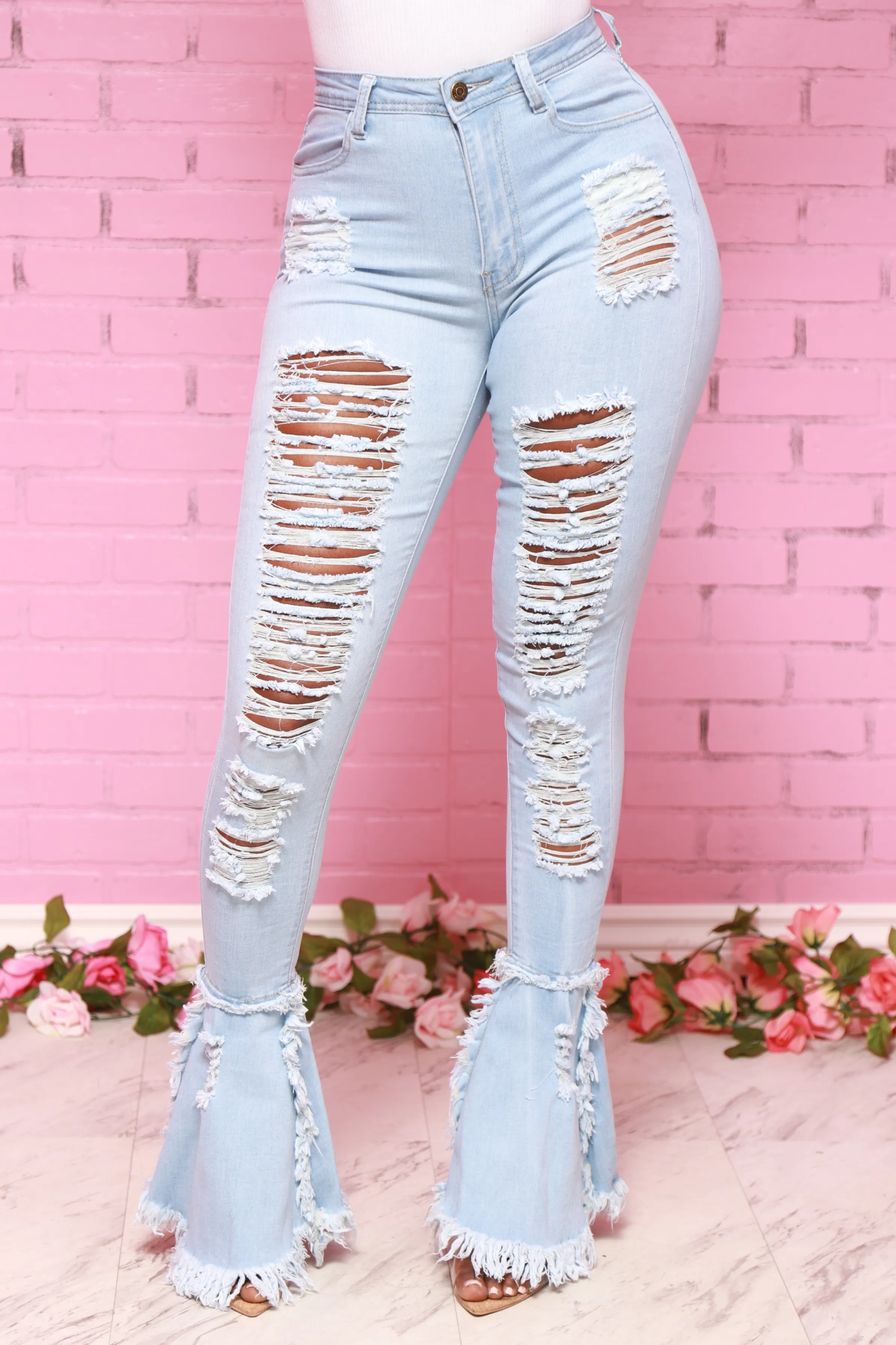 Cutting Corners Distressed Flare Jeans - Light Wash