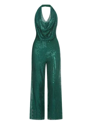 Dark Green 1930s Cowl Neck Sequined Jumpsuit