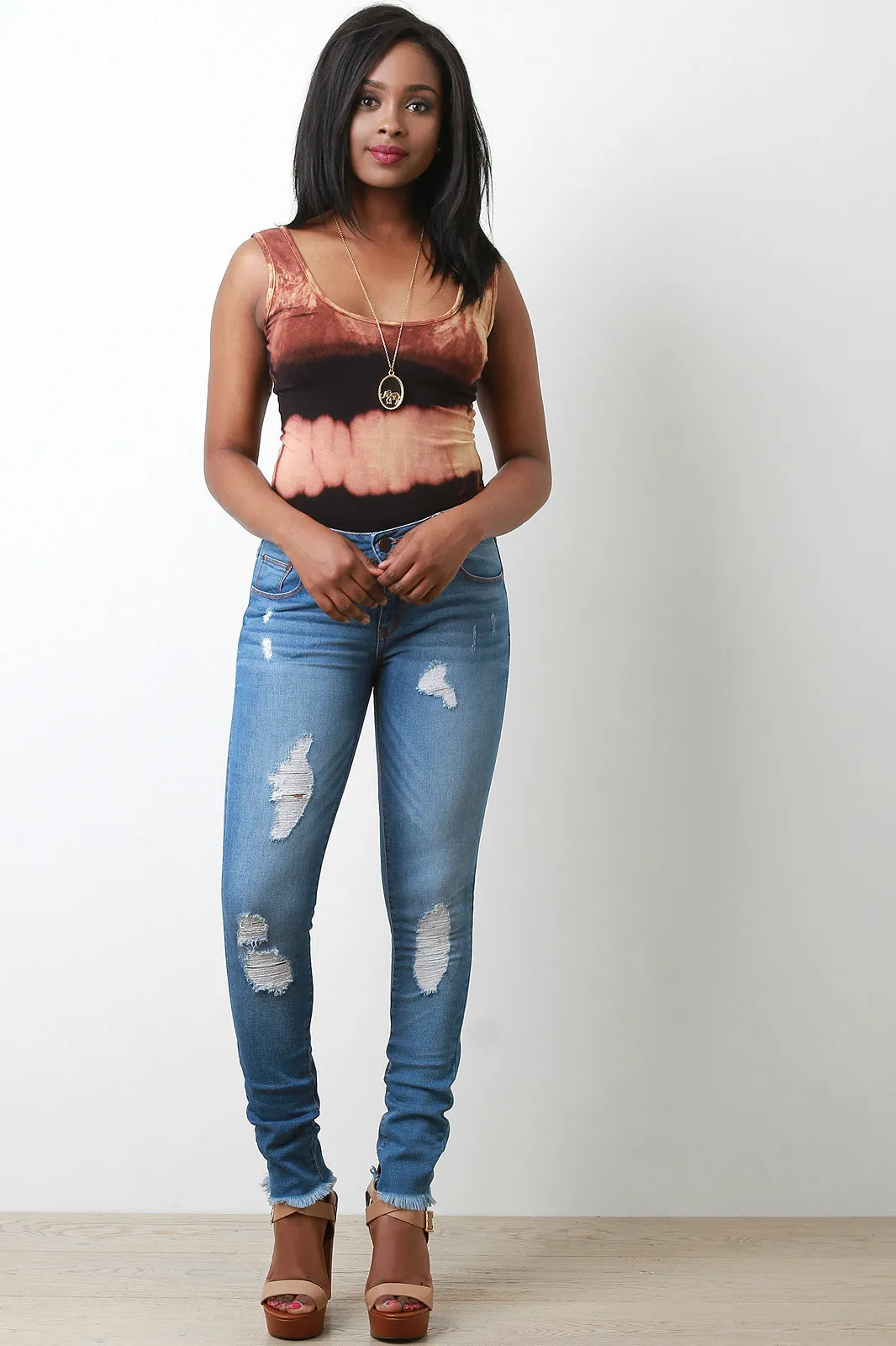 Distressed Fringe Hem Skinny Denim Jeans