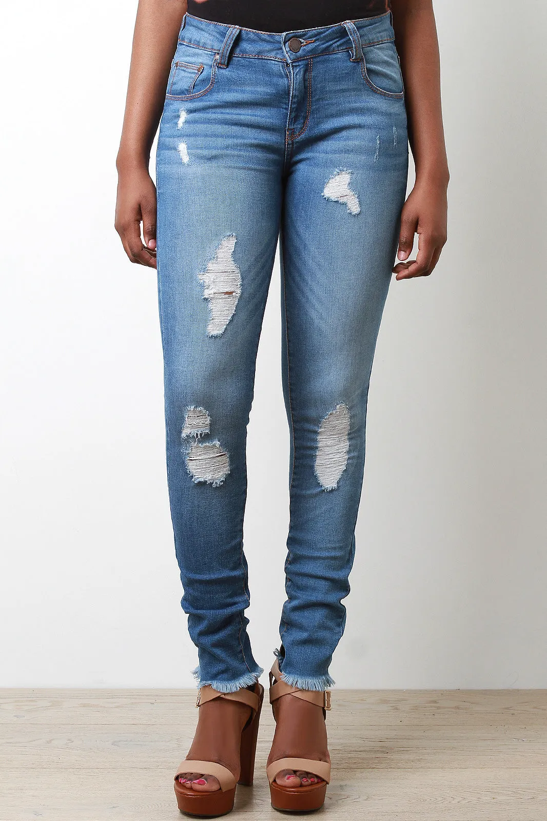 Distressed Fringe Hem Skinny Denim Jeans