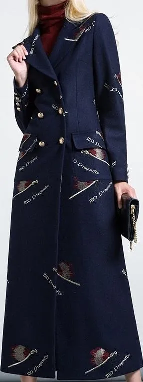 Double Breasted Printed Long Wool-Blend Coat