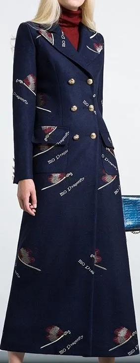 Double Breasted Printed Long Wool-Blend Coat