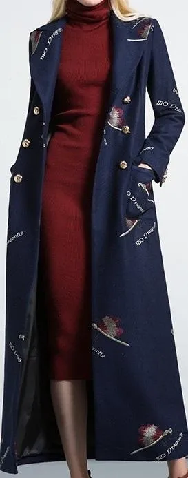 Double Breasted Printed Long Wool-Blend Coat